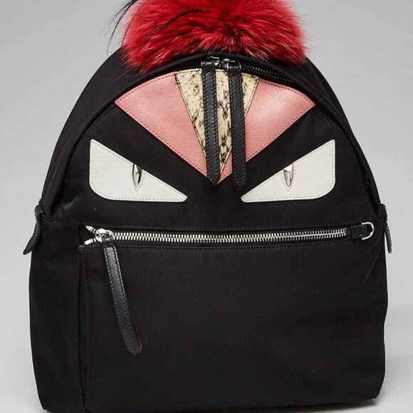 Fendi Black Nylon/Leather/Snakeskin Medium Monster Eyes Backpack Bag - 8BZ035 - Picture 1 of 10